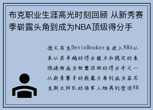 布克职业生涯高光时刻回顾 从新秀赛季崭露头角到成为NBA顶级得分手